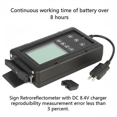 Waktu kerja terus-menerus baterai lebih dari 8 jam Sign Retroreflectometer dengan DC 8.4V charger dan kesalahan pengukuran reproduksibilitas kurang dari 3 persen